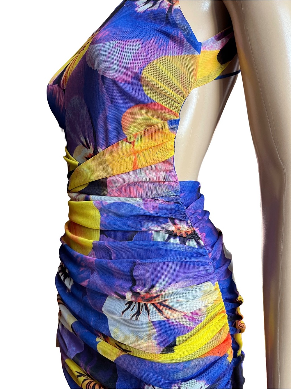 Zara Floral Ruched Tulle Midi Dress Open Back Mesh Bodycon S - Picture 5 of 9